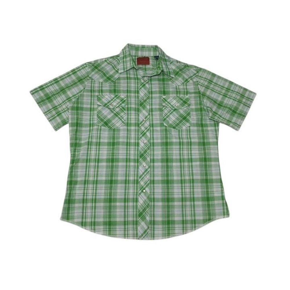 Rustler Men's Large‎ Shirt Pearl Snap Short Sleeve Green Plaid X Long Tails